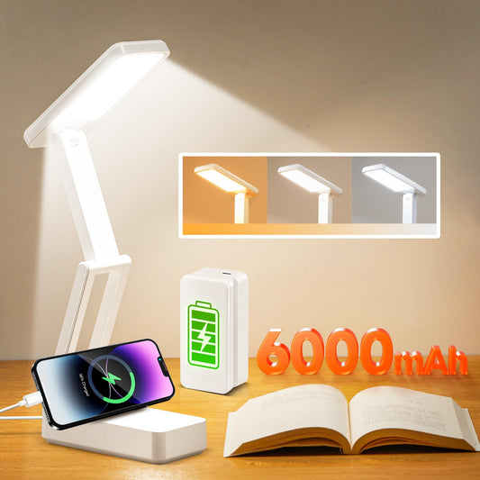 6000mAh Akku Tischlampe Kabellos, 3 Farben+Dimmbar Schreibtischlampe Kinder, Faltbar+Tragbar Led Tischlampe Akku Lampe, Nachttischlampe Touch Lampe mit Timer, Leselampe Kinder, Campinglampe Aufladbar