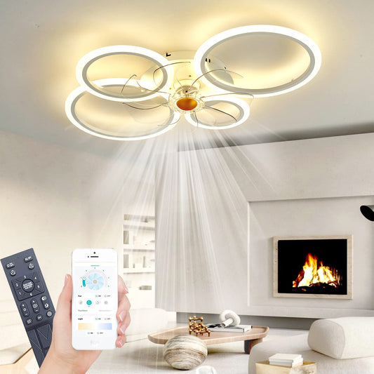 Deckenleuchte mit Ventilator, leise, weiß, Deckenventilator mit Beleuchtung, App und Fernbedienung; 60 W, 6000 lm, dimmbar, LED, für Wohn-, Schlaf- und Esszimmer, 6-Gang, Timer