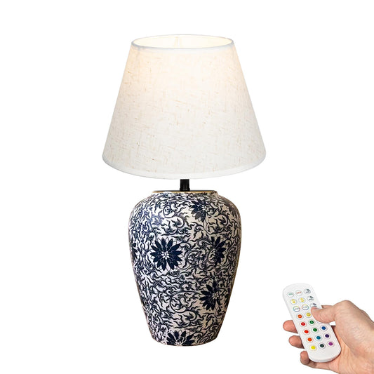 FSLiving Tischlampe Keramik Tischleuchte Lampe, Vintage Dimmbar Nachttischlampe mit Stoffschirm 1xE27, LED Wiederaufladbare Kabellose Akku Tischlampe für Nachttisch Beistelltisch Esstisch TD1013B