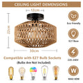 Rayofly Rattan Deckenlampe Hängend, Boho Deckenleuchte mit Rattan Lampenschirm, Vintage Bambus Deckenlampe, Rustikal Rattan Deckenleuchte Wohnzimmer, Boho Korb Lampe für Schlafzimmer Küche Flur