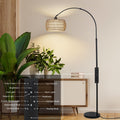 Rayofly Bogenlampe Wohnzimmer Stehlampe, Vintage Stehlampe mit Rattan Lampenschirm, Boho Stehlampe mit Fernbedienung und LED-Glühbirne, App-Steuerung, Dimmbar Stehlampe für Schlafzimmer Büro, Schwarz