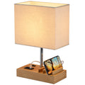 Dreamholder Tischlampe mit 3 USB A+C Anschlüssen, 3 Telefonständer, Moderne USB Nachttischlampe für Schlafzimmer, Wohnzimmer, Büro, Nachttischlampe mit Naturholzsockel & Stoffschirm