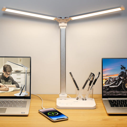 iVict Dual Swing Arm LED Schreibtischlampe, 5-Modi Touch Control Helligkeitsstufen Schreibtischlicht mit 45-Minuten Auto-Off Timer, USB-Ladeanschluss, Speicherfunktion, Schreibtischlampen für Kinder
