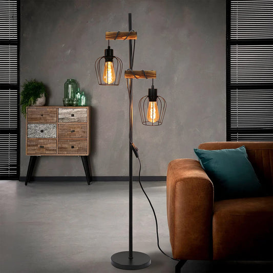 ZMH Stehlampe Wohnzimmer Holz Stehleuchte Schwarz - Retro Vinatge Standleuchte 2 flammig im Industrial Design aus Metall mit Schalter E27 Fassung 151cm Standlampe für Schlafzimmer (ohne Leuchtmittel)