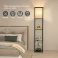 Stehlampe mit Regal aus Holz, Stehlampe Wohnzimmer mit E27 Birne 3 Farbtemperatur, Stehleuchte 1.62M mit Lampenschirm, Moderne Schwarz Standleuchte mit 3 Holzregale für Whonzimmer Schlafzimmer Büro