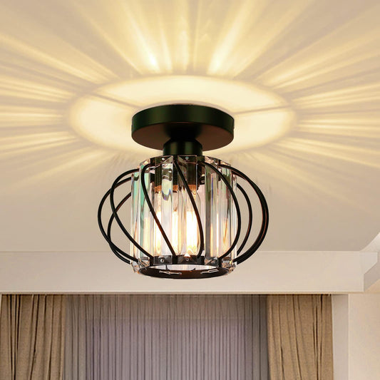 FRIDEKO HOME Deckenleuchte Schwarz Kristall Kronleuchter,Modern Deckenlampe Metal Rund Lampenschirm E27 Lampe Decke für Schlafzimmer Wohnzimmer Küche Flur Ø19cm Schwarz