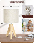 EDISHINE 2er Set Tischlampe Holz, LED Nachttischlampe mit beigem Leinen-Lampenschirm, E27 Fassung, inkl. Leuchtmittel, Vintage Tischleuchte für Schlafzimmer, Wohnzimmer, Geschenk